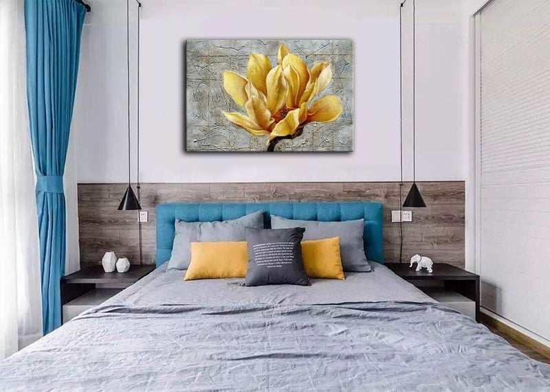 Urttiiyy Yellow Grey Flower Wall Art Abstract Gray Background Print on Canvas Home Decor Decal Pictures Poster for Bedroom Living Room Printed Painting Gifts Framed Ready to Hang - 36''x24'' - Image 3